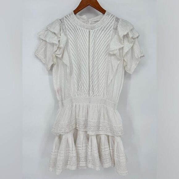 Maia Bergman Mery Dress White Eyelet Lace Mini Flutter Ruffle Layers Medium - Picture 3 of 9